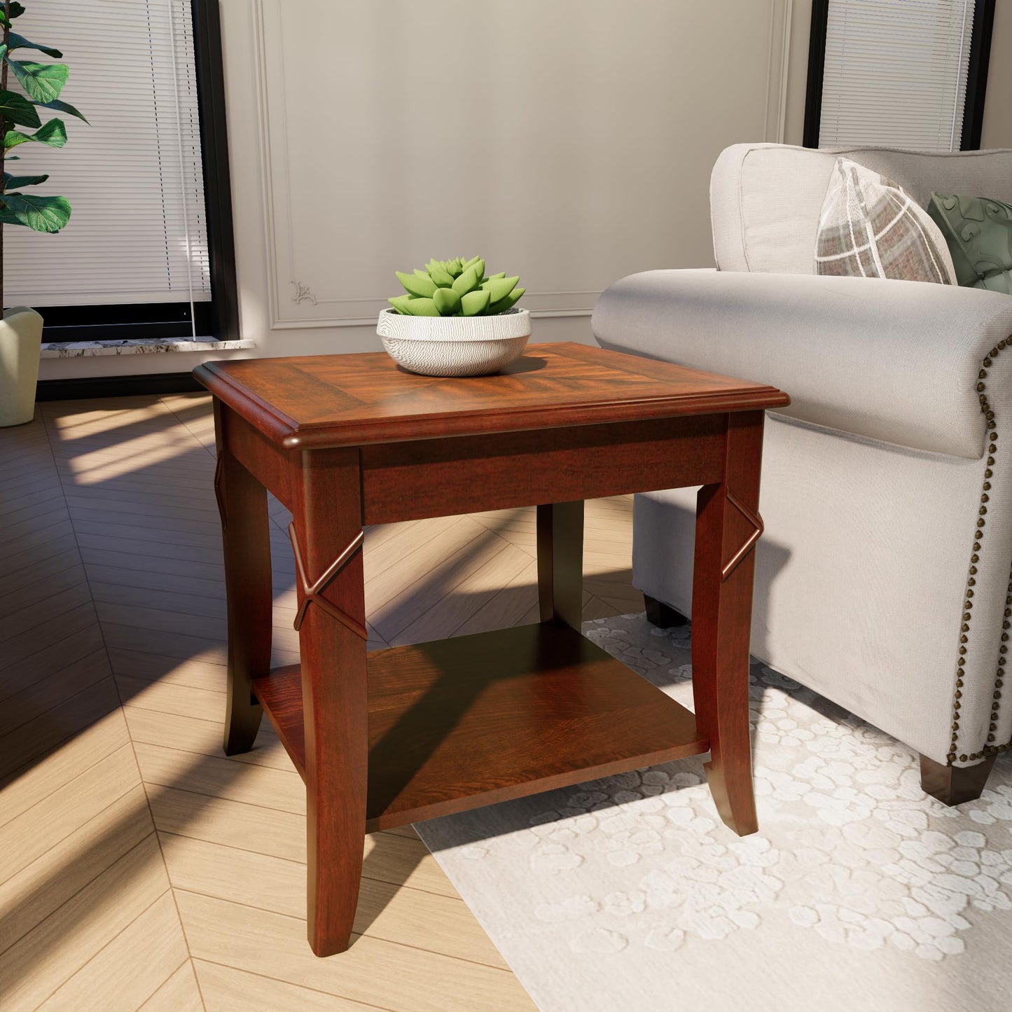 LEEMTORIG Cherry Solid Wood End Tables Living Room with Curved Legs, Mid Century Queen Anne Style Accent Side Tables Bedside Table with Storage Shelf, 19.7"W x 17.7"D x 19.7"H, Cherry Walnut CJZ-DR200