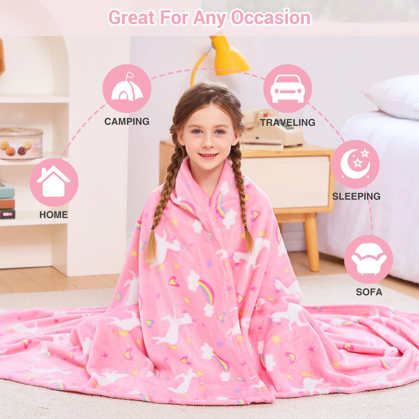 Viviland Kids Unicorn Print Blanket, Warm Lightweight Plush Pink Unicorn Fleece Throw for Sofa, Couch, Bed - 30" x 40"