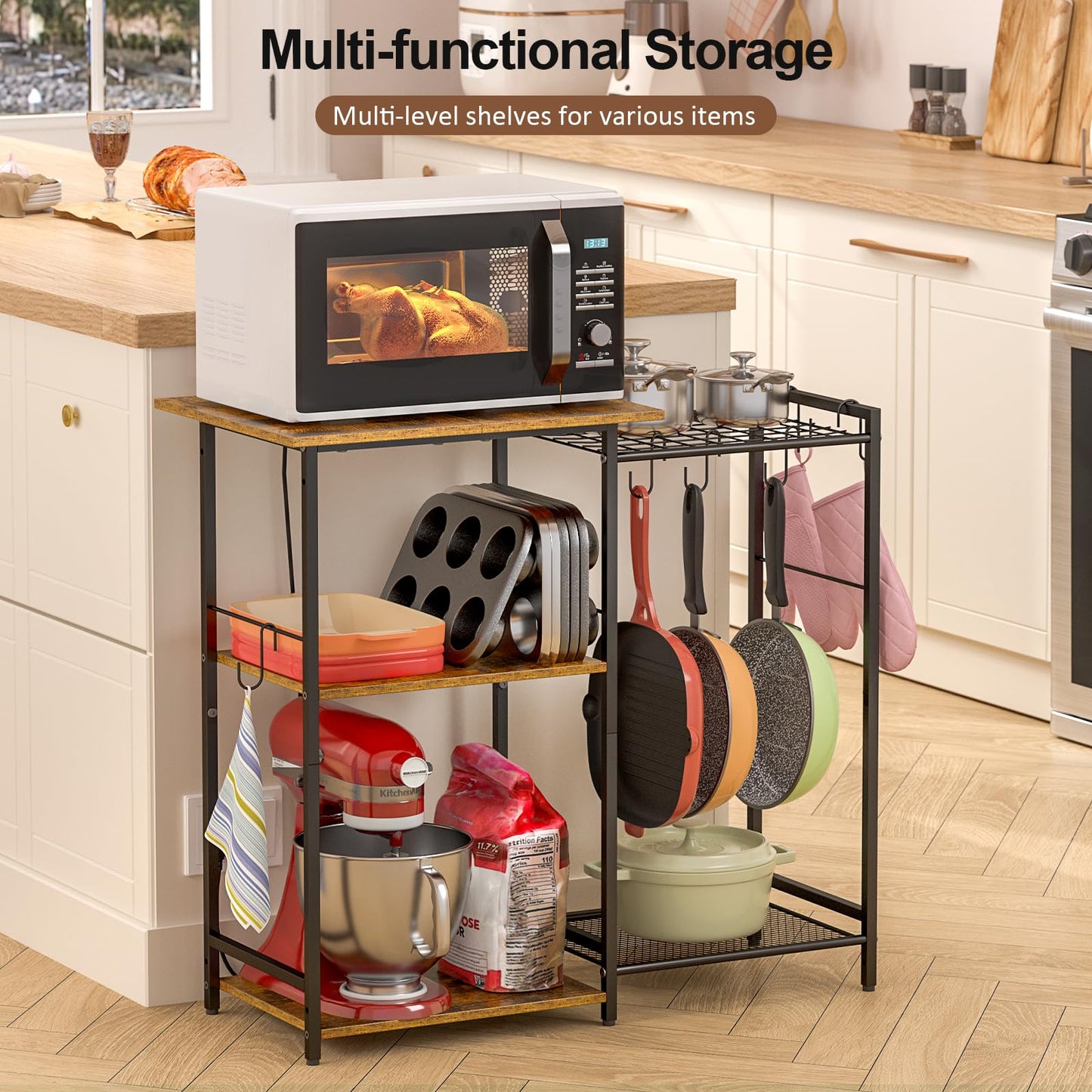 Kitchen Stand with Pots Rack, Utility Microwave Oven Stand with Storage, 5 Tiers Coffee Bar Table, Small Kitchen Bakers Rack with 6 S Hooks, Kitchen Storage Shelf Rack for Spices, Pots, Rustic Brown