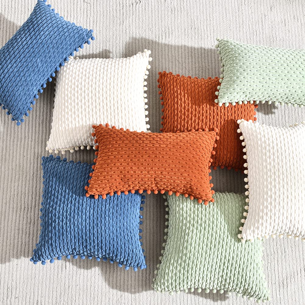 Fancy Homi Set of 2 Dusty Blue Decorative Throw Pillow Covers 18x18 Inch with Pom-poms for Couch Bed Sofa, Rustic Farmhouse Boho Home Decor, Soft Plush Corduroy Cute Cushion Case 45x45 cm
