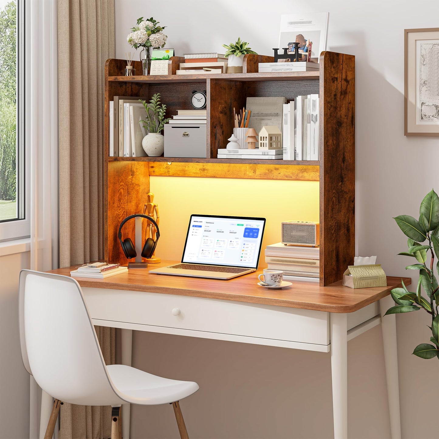 REIBII Desk Hutch Dorm for Computer Monitor Up to 27", Dorm Desk Hutch Top Only with RGB Light Strip, Wooden Desktop Bookshelf with 6 Shelves, 3-Tier Desktop Shelf for Home Office Dorm, Rustic Brown