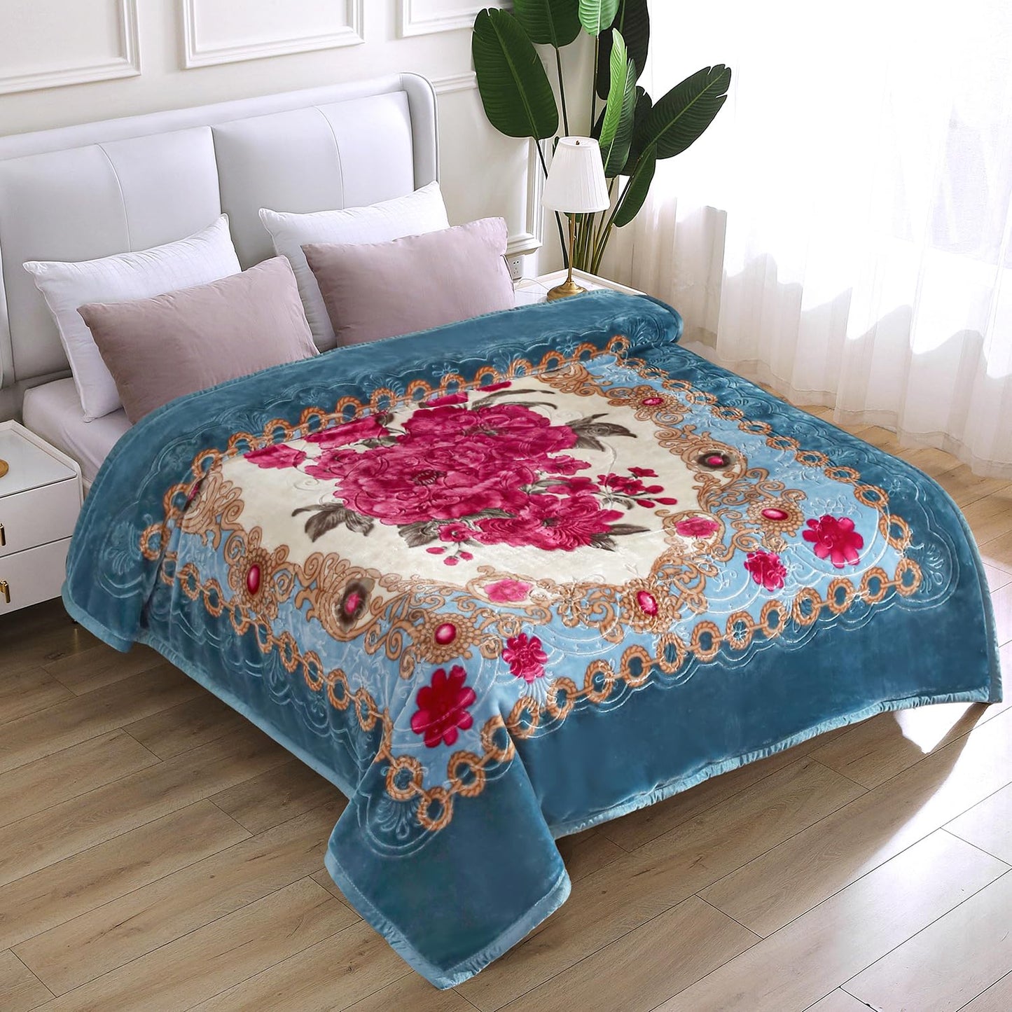 JYK Korean Mink Fleece Blanket King Size 83'' x 91'', 5.7 Pounds - 2 Ply Reversible Silky Soft Plush Warm, Flannel Cozy Blankets for Autumn, Winter - Blue/Peony