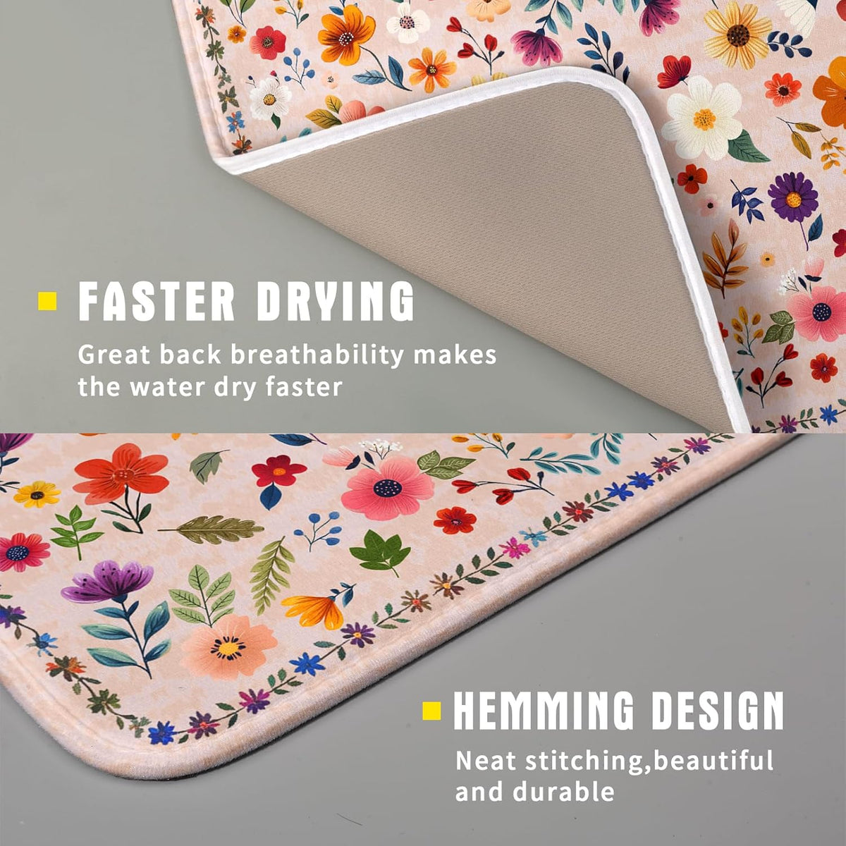 Boho Floral Dish Drying Mat - Pink Wildflower Absorbent Microfiber Kitchen Counter Pad for Home Coffee Bar Decor