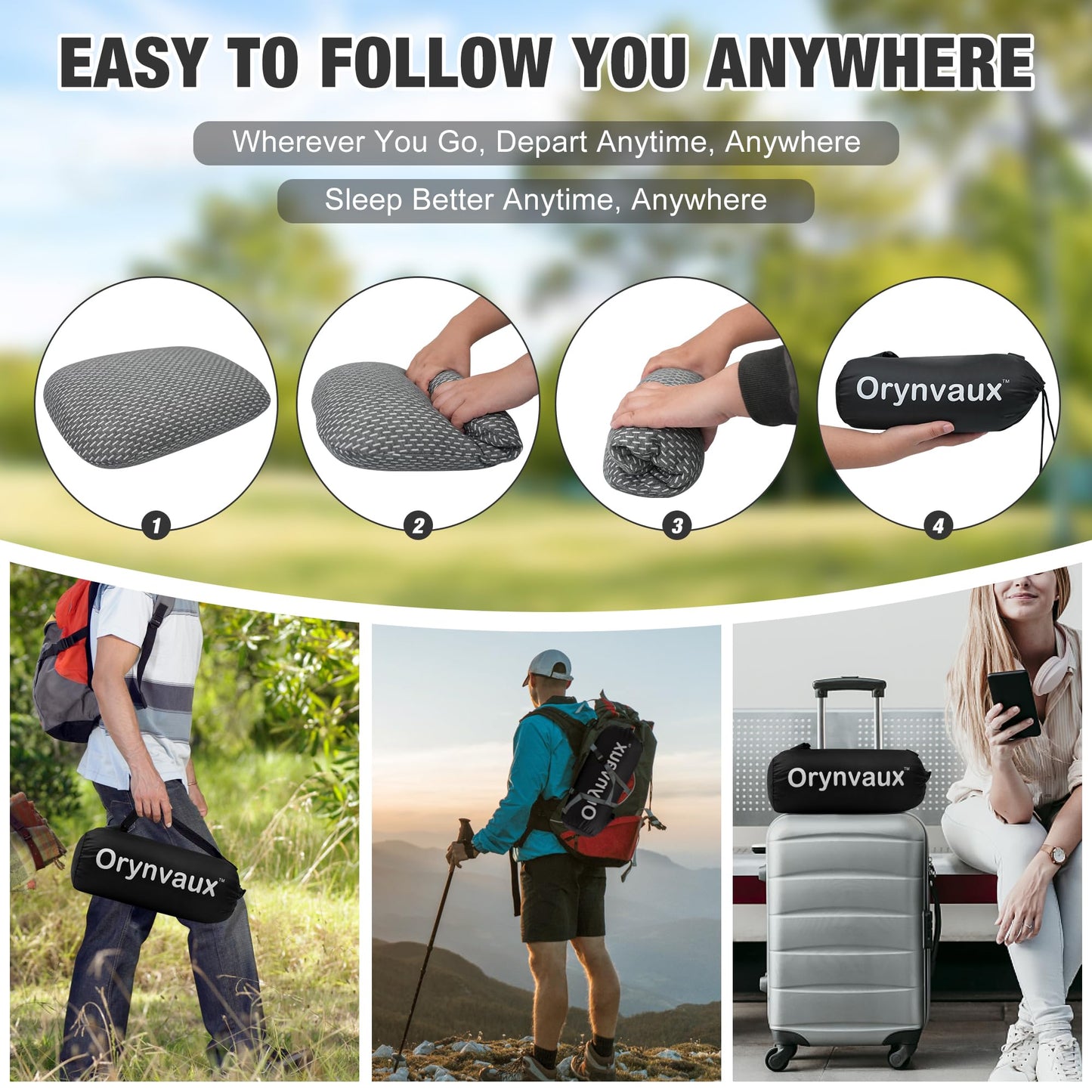 Orynvaux Memory Foam Camping Pillow, Portable Travel Pillow with Breathable Detachable Pillowcase, Compact & Lightweight for Camping, Hiking, Backpacking, Airplane Travel, Includes Storage Bag