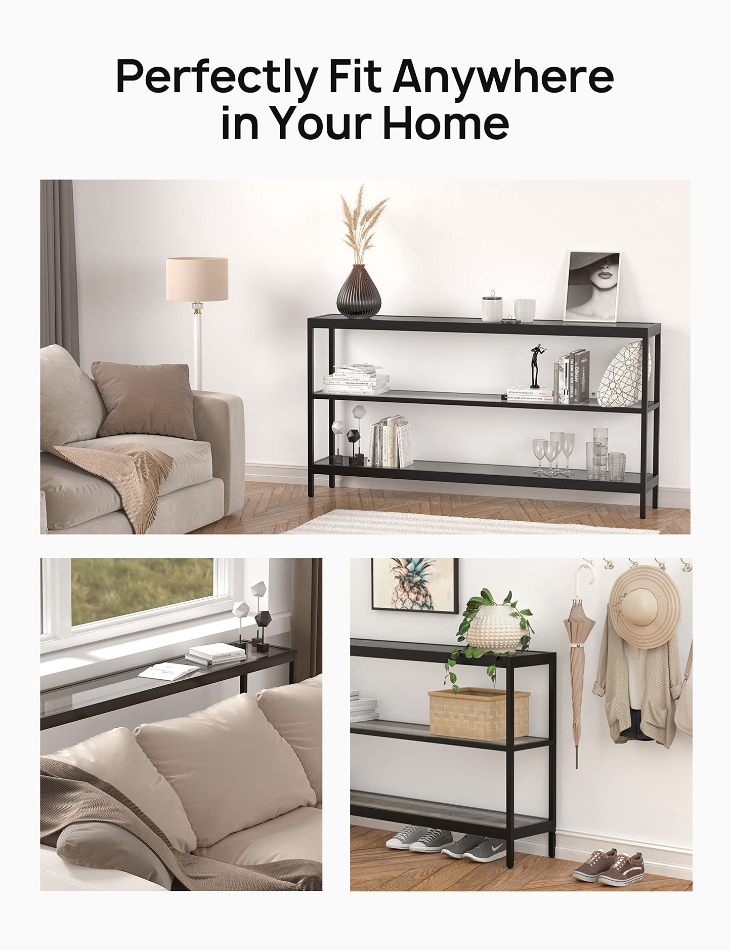 Evajoy Console Table, 55" Entryway Table with 3 Tiers, Open Glass Sofa Table for Living Room, Foyer, Entryway, Bedroom, Hallway, Black