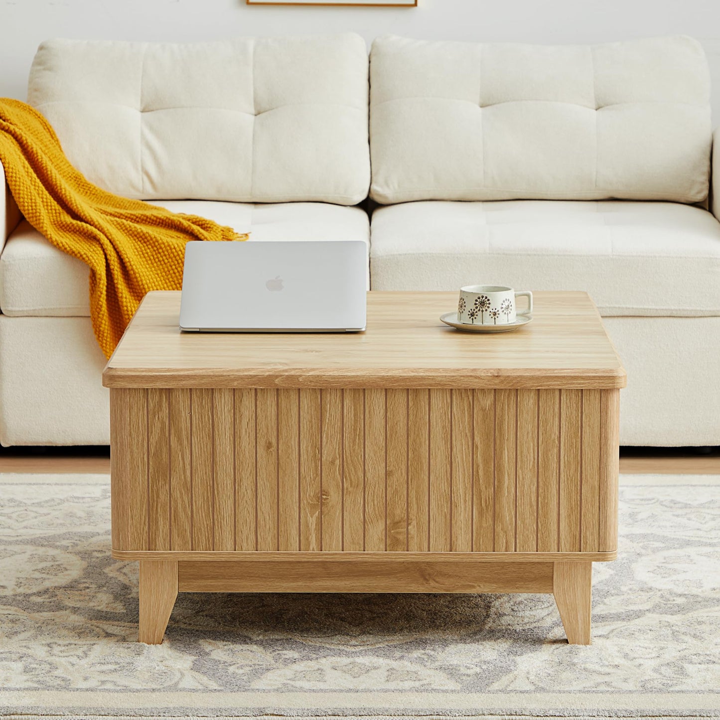 NVETHM Lift Top Coffee Table, Square Coffee Table with Hidden Storage Compartment, Farmhouse Wood Center Table Dining Table for Living Room, Bedroom, Home Office (Natural)