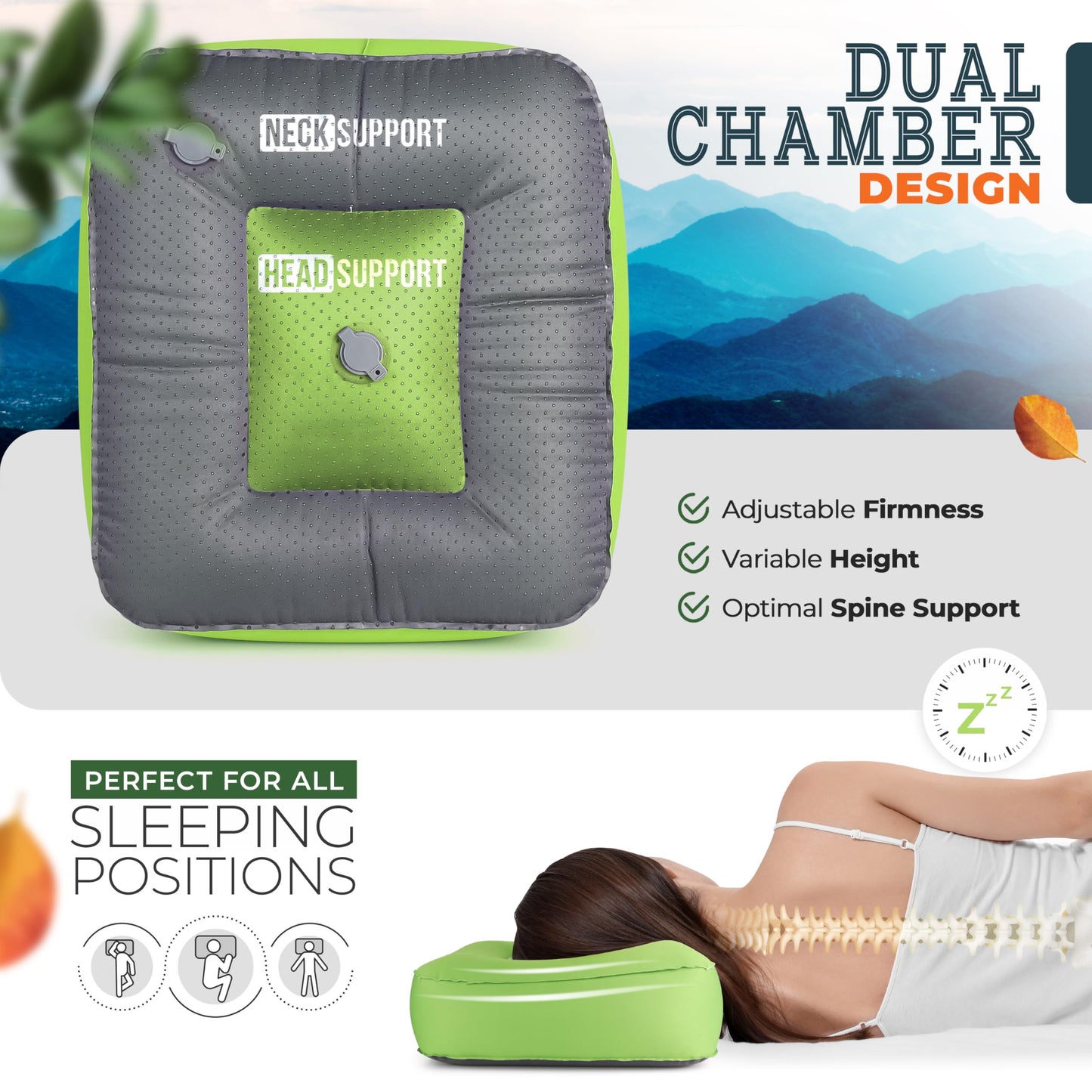 TrailNeck 1.0 Inflatable pillow, compact, portable, packable camp pillow, camping essentials, backpacking gear, hiking, deployments, car or plane travel pillow, beach, firm side sleeper pillows