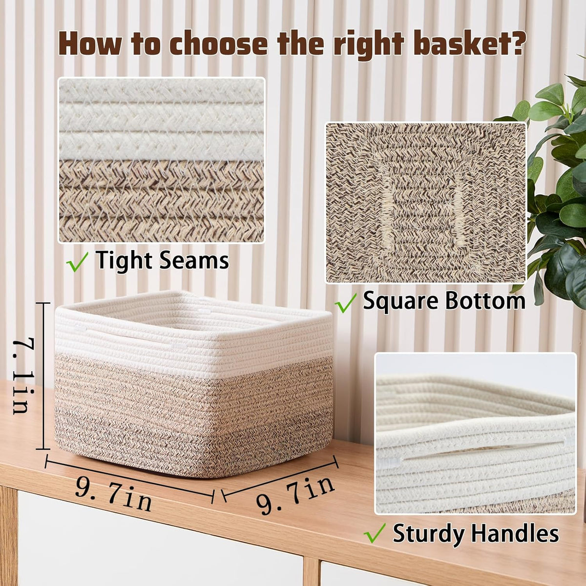 Small Organizing Baskets for Cubes Shelf, 9.7x9.7x7.1 Inch Rope Woven Storage Bins for Nursery Shelves Storage, Cute Toy Basket, Square 3 Packs Gradient Brown