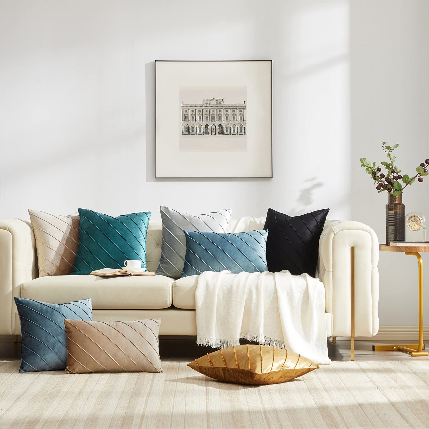 GIGIZAZA Decorative Velvet Pillow Covers 18x18, Set of 2 Gold Sofa Couch Throw Pillows Covers Cases, Living Room Square Cushion Accent Stripe Covers