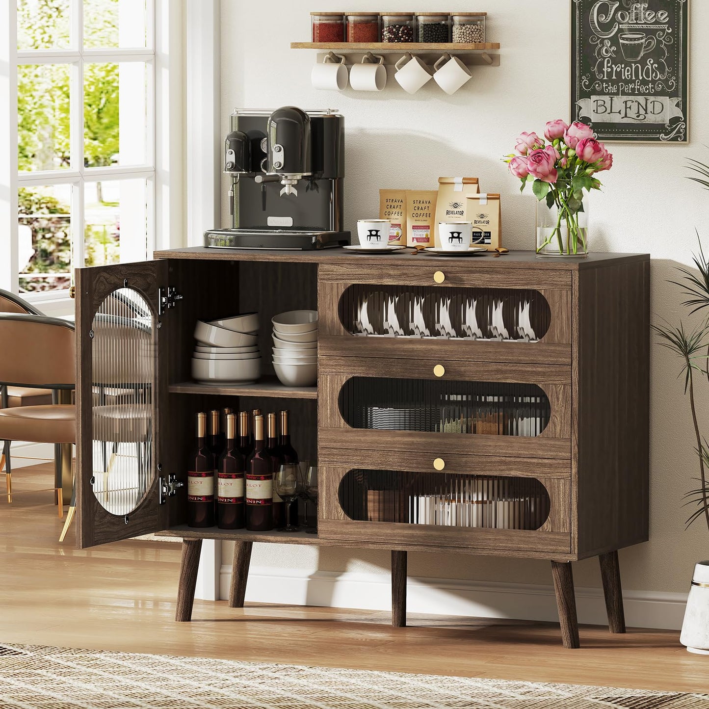 Ludatido Buffet Cabinet with Storage, Sideboard Cabinet with 3 Drawers and Adjustable Shelves, Modern Credenza with Fluted Glass Door for Living Room/Kitchen/Dining Room/Entryway, Walnut