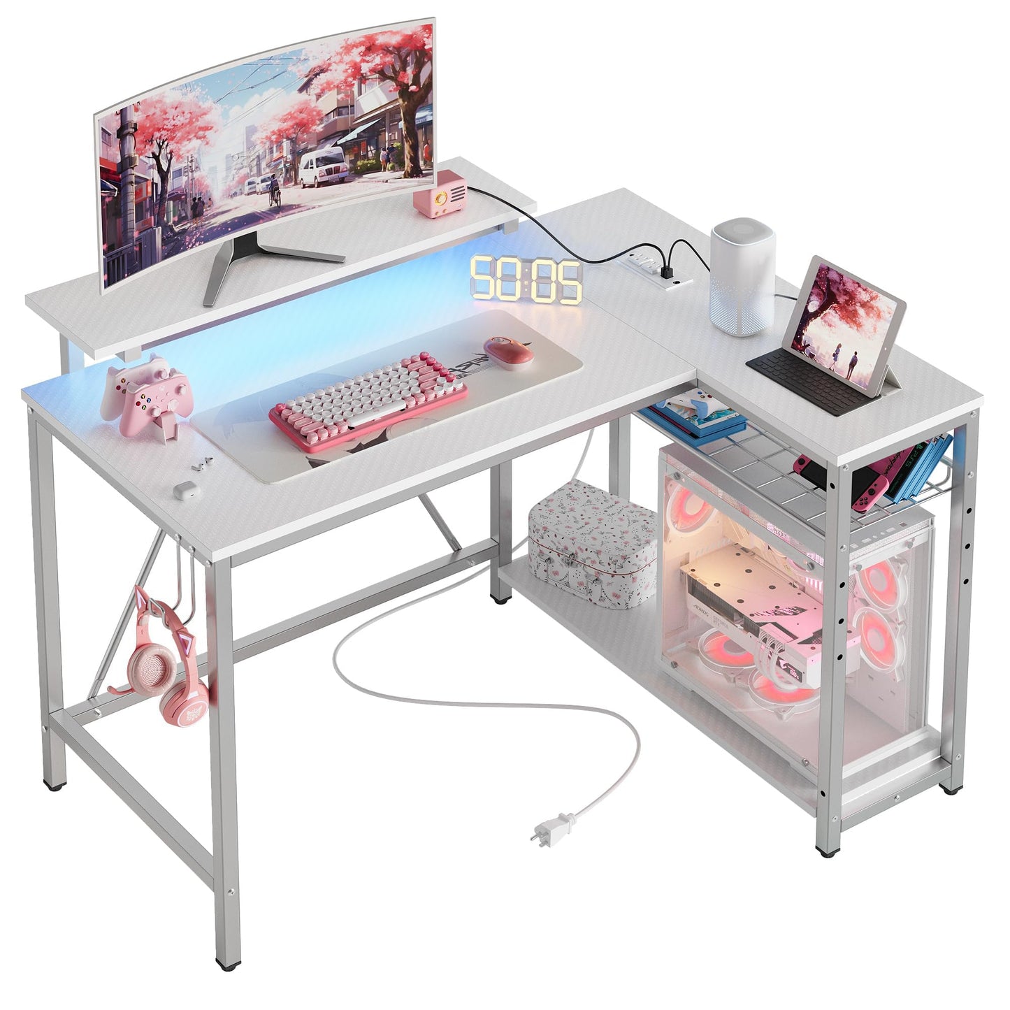Bestier White Computer Desk with Charging Port & LED Strip,42 inch Modern Gaming Desk with Reversible Storage Shelves,Small L Shaped Desk with Hooks for Home Office