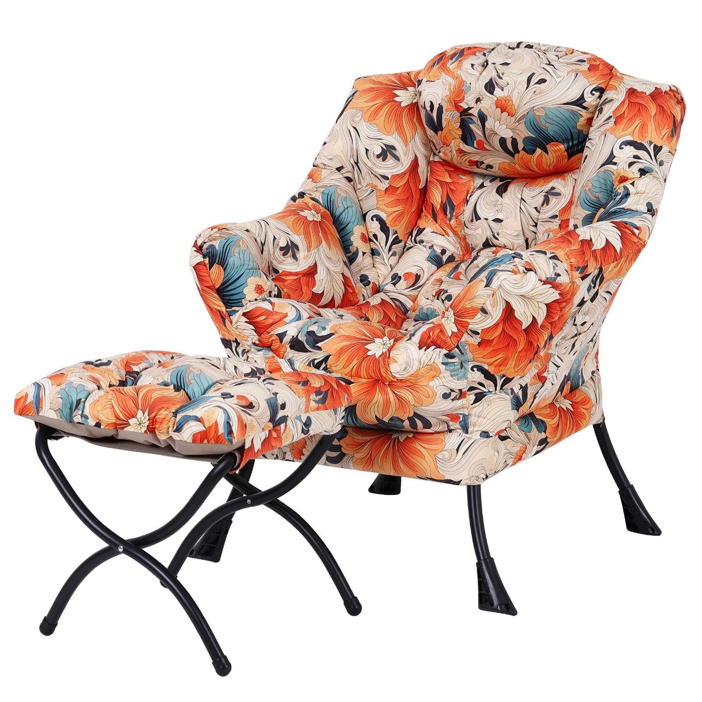 Welnow Lazy Chair with Ottoman, Modern Lounge Accent Chair with Armrests and a Side Pocket, Leisure Sofa Armchair Set, Reading Armchair with Footrest for Small Space, Orange Blue