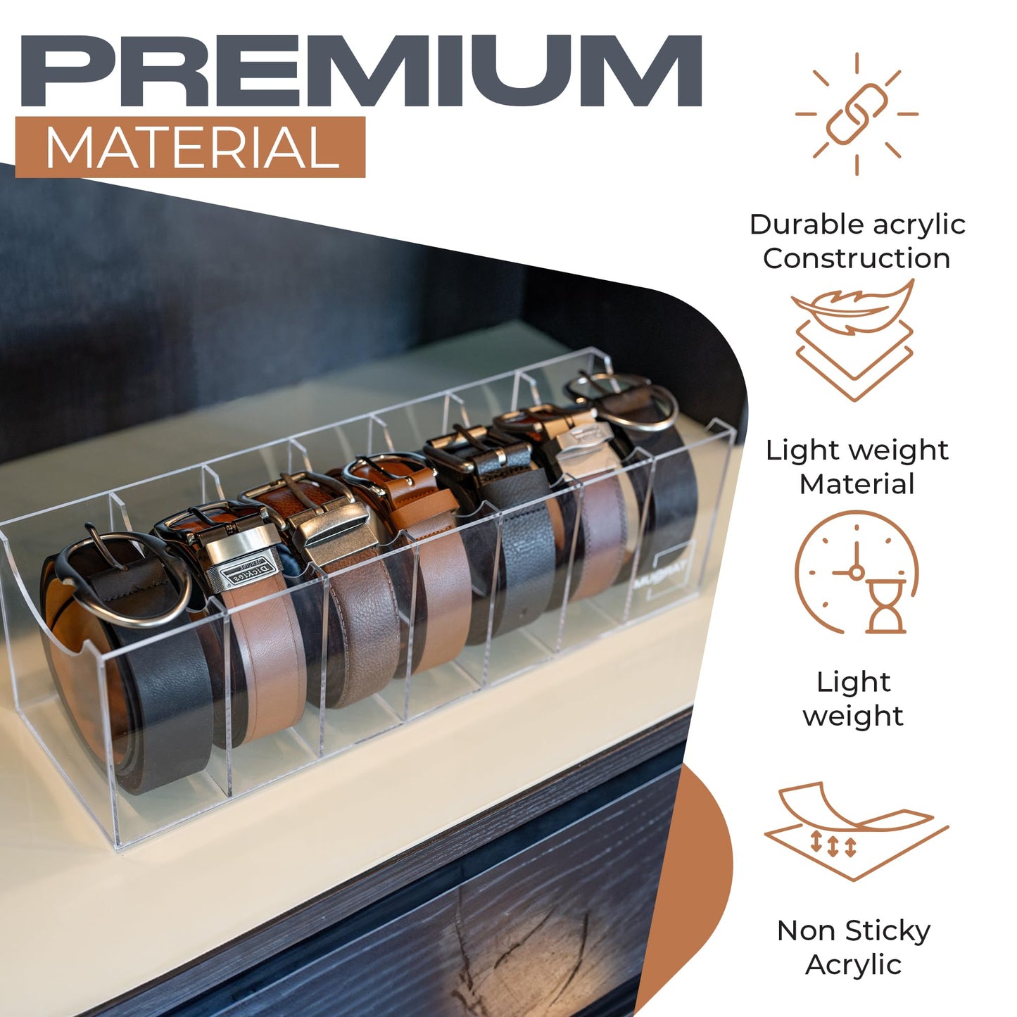 Belt Organizer for Larger Buckles With Extra Wide Compartments - 7 Compartments - Durable Acrylic Belt Organizer for Closet and Drawer