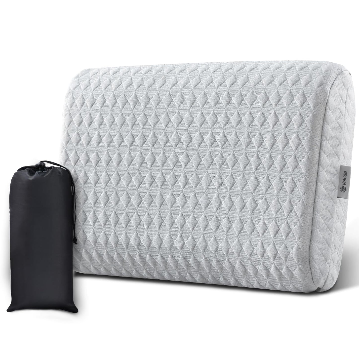 Vekkia Travel Pillow with Memory Foam, Portable and Compressible Camping Pillow with Washable Cover, Ergonomic Supportive for Sleeping, Ideal for Adults & Kids Travel, Hiking, Airplane, Car (Gray S)