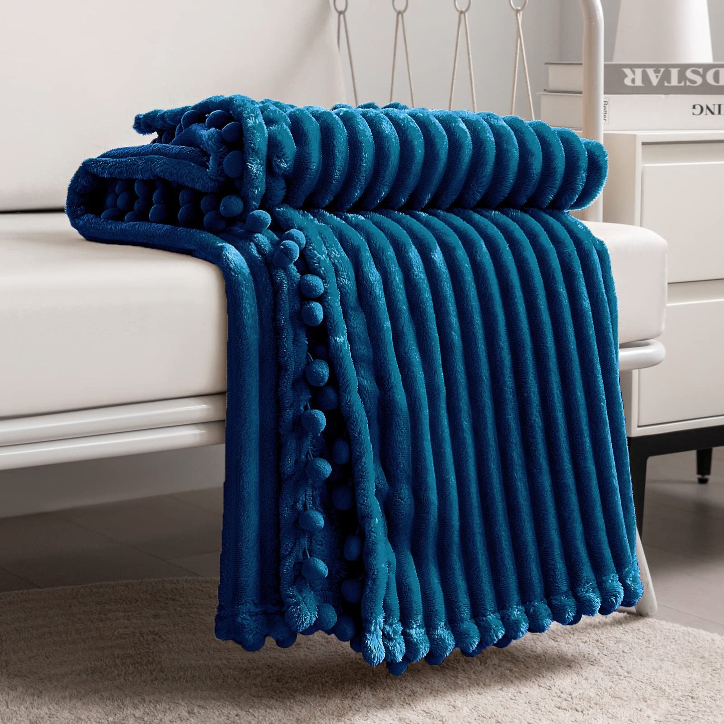 DISSA Fleece Blanket Throw Size – 51x63, Blue – Soft, Plush, Fluffy, Fuzzy, Warm, Cozy – Perfect Throw for Couch, Bed, Sofa - with Pompom Fringe - Flannel Blanket Throw Blanket