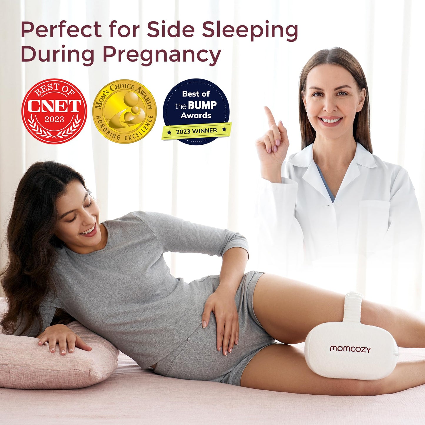 Momcozy Knee Pillow for Side Sleepers, Soft Memory Foam Support Spine Alignment Pregnancy Leg Pillow for HIPS, Back, Sciatica Pain, Fixed Strap for Moving, Wider Contact Even Pressure