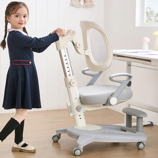 ERIYA Ergonomic Kids Desk Chair with Footrest & Height-Adjustable Seat, Multifunctional for Study, Work & Dining – Comfy Cushion & Smooth Wheels for Boys & Girls (Grey)