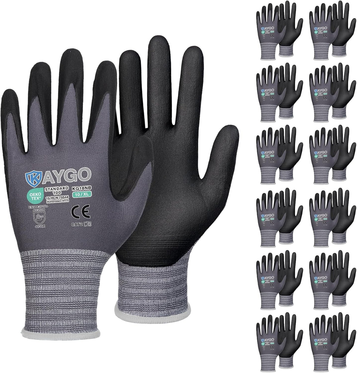KAYGO Safety Work Gloves MicroFoam Nitrile Coated, 12 Pairs KG18NB,Seamless Knit Nylon Glove for Men and Women, Ideal for Automotive,Warehouse,Construction (X-Large,Gray)