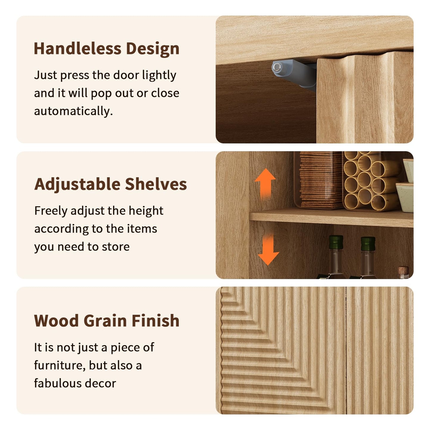 Jocoevol Sideboard Buffet Cabinet, Modern Fluted Kitchen Storage Buffets with 2 Pop-up Doors & Adjustable Shelves, Accent Credenza, Wood Buffet Table for Dining Room, Living Room (Brown)