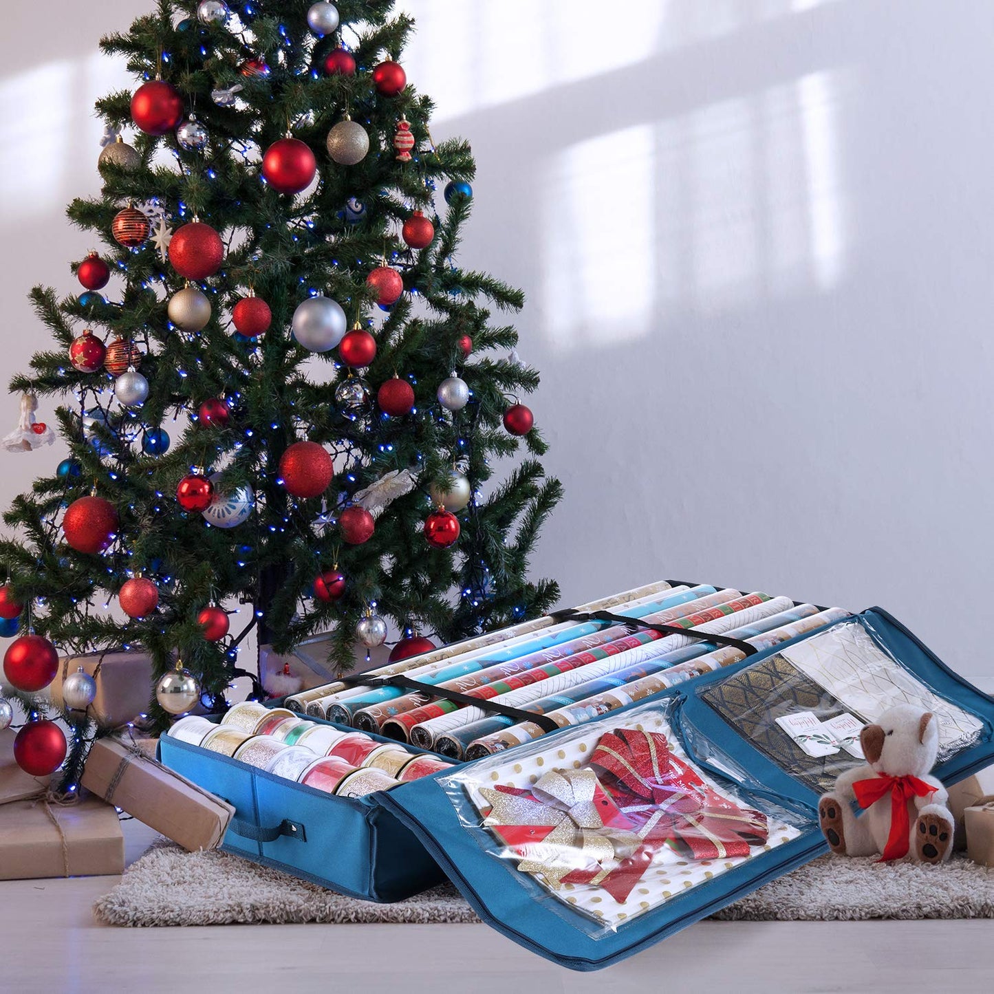 Hearth & Harbor Wrapping Paper Storage Container - Christmas Storage Bag with Interior Pockets - Gift Wrap Organizer Fits Up to 22 Rolls of 40" - Tear Proof, Blue