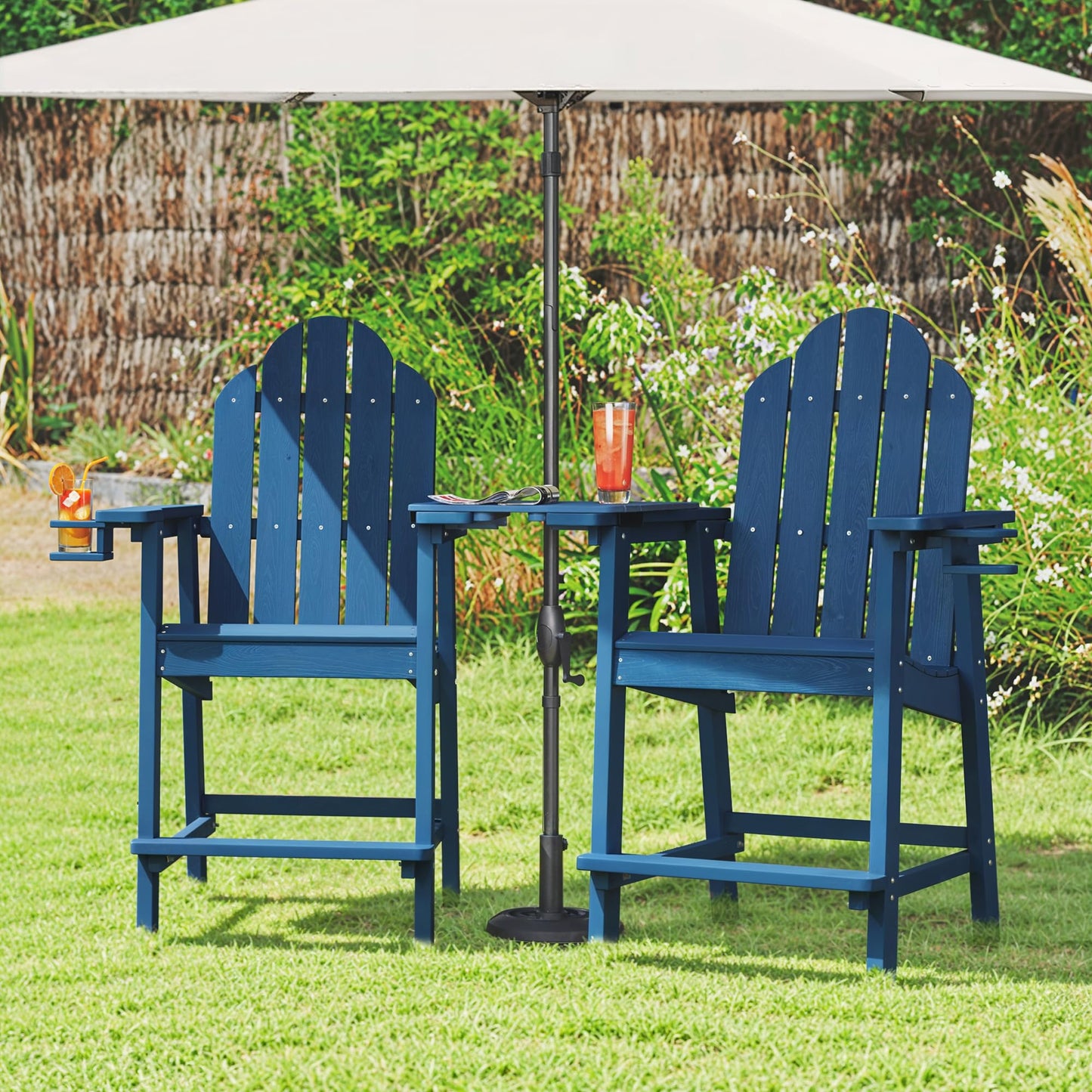 LUE BONA Tall Adirondack Chairs Set of 2, Recycled Poly Adirondack Chair Bar stools with Cup Holder, 25.6", 300Lbs, Eco-Friendly, Weather Resistant Lifeguard Chair for Balcony,Deck