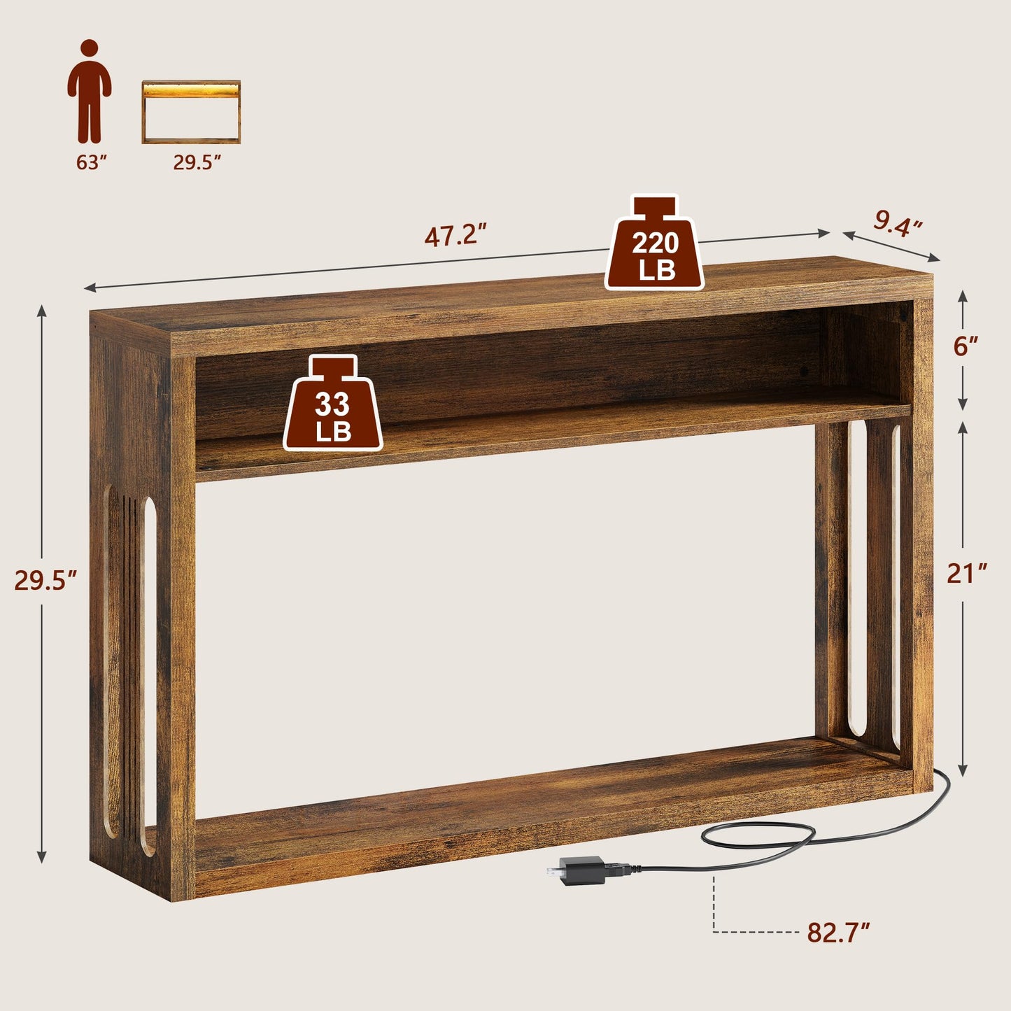 FAVOOSTY Farmhouse Console Table with Storage, 47" Entryway Console Table with Led Light, 2-Tier Entryway Table Sofa Table Behind Couch Table Hallway Stand for Living Room,Foyer,Entrance Brown