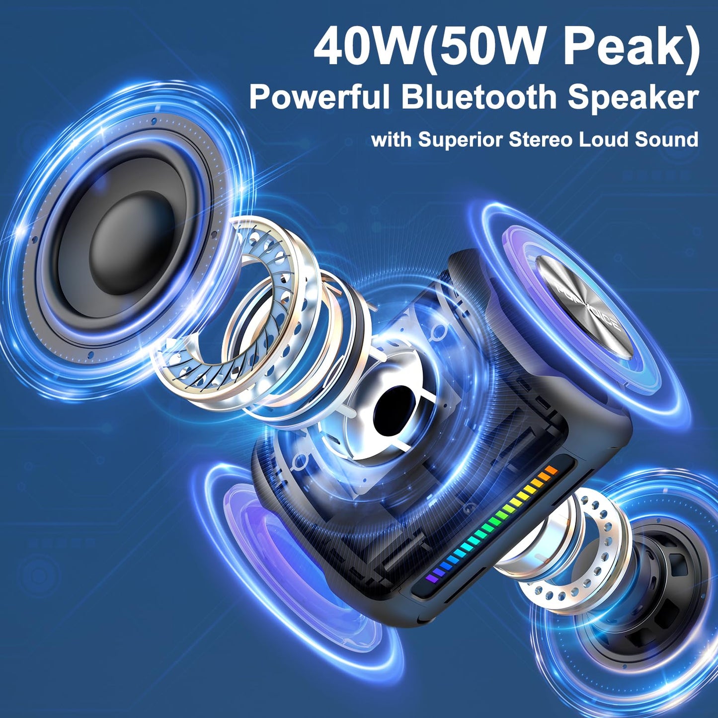 PoP voice Portable Wireless Bluetooth Speaker,40W(50W) Peak Stereo Sound Shower Speaker,IPX7 Waterproof Speaker with Deep Bass,RGB Light,Preset EQ,TWS,for Home/Camping/Gifts, BT5.3 Speaker,Up to 24H