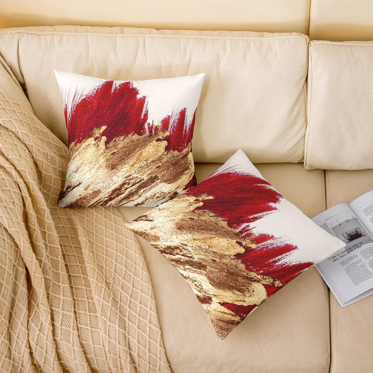 Feelyou Kids Red Throw Pillow Cover 20"x20" Set of 2 Red Gold Pattern Pillow Cases Cushion Covers for Teens Decor Abstract Art Decorative Throw Pillowcases Modern Style Cushion Cases Bedroom