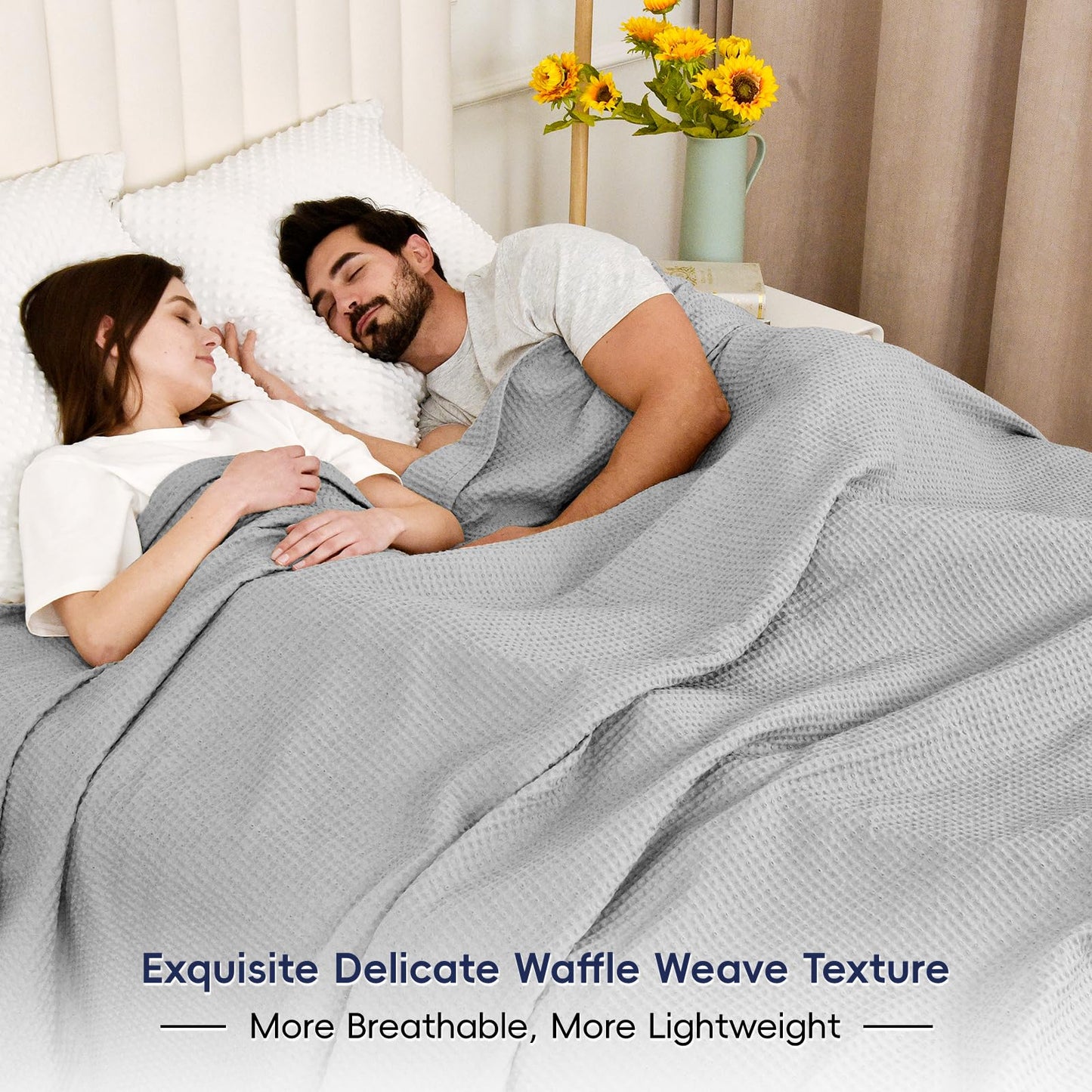 PHF Pre-Washed Cotton Waffle Weave Blanket King Size for Bed,Snag Proof Throw Blanket for Couch Spring Summer Lightweight Breathable,Oeko-TEX Certified,Machine Washable,Home Decor Gift，Light Grey
