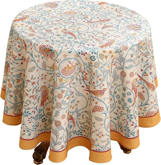 patdrea Designer Vintage Tablecloth for Round Table,Yellow Linen Floral Birds Tablecloths,Decorative Table Cover for Kitchen Dining Holiday Banquet,Christmas,Thanksgiving,Diameter 55"-Magnolia
