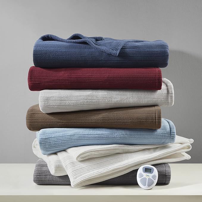 Serta Travis Fleece Ultra Soft Tri-Rib Textured Electric Blanket, Cozy and Snuggly Cover Fast Heating for Cold Weather, Auto Shut Off, Multi Heat Setting Controller, Twin, Cream