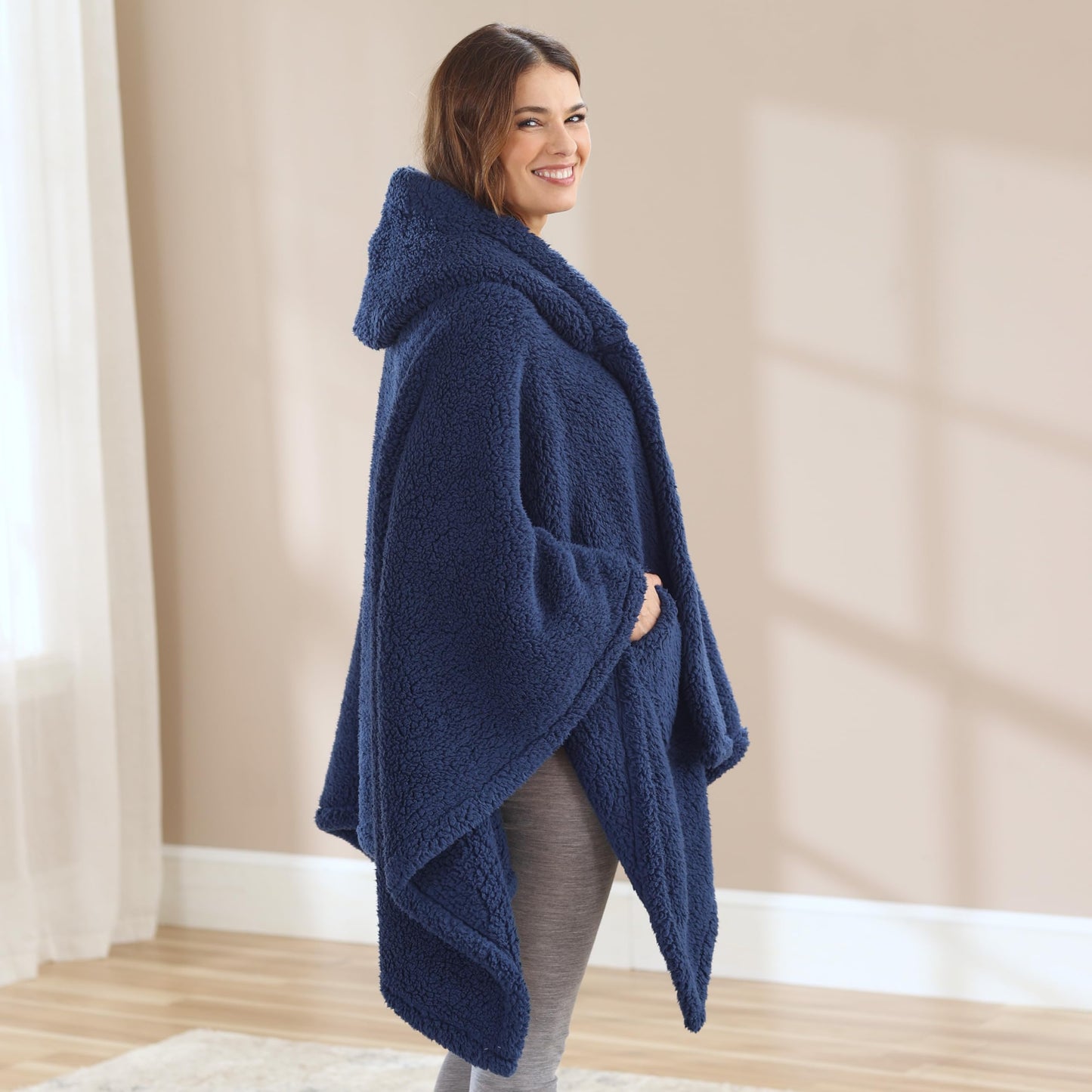 Cuddledown Wearable Sherpa Throw | Soft & Fluffy | Unisex, One-Size-Fits-Most | Toasty Warm | 58" x 58" | Navy