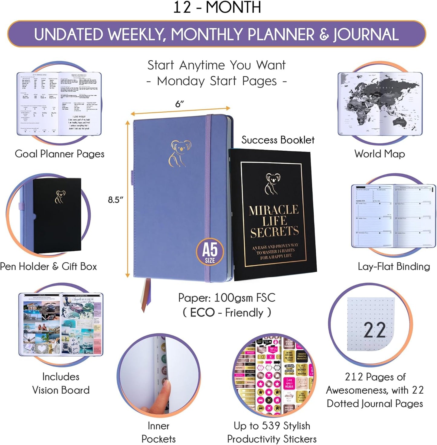 Life Planner - Gratitude Journal for Men & Women | Daily, Weekly & Monthly Planner with Budget Section, Time Blocking, Habit Tracker for Peace of Mind Planning to Increase Productivity & Happiness