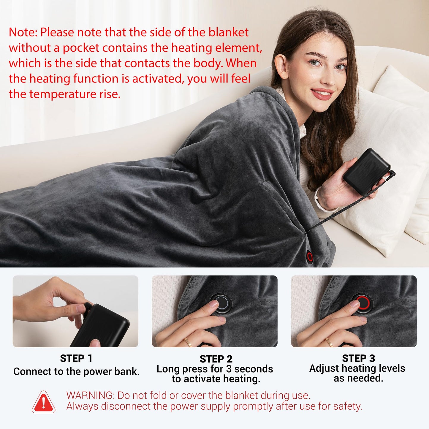 Rutoab Heated Blanket with 20000mAh Power Bank, 58"X35" Dual-Sided Crystal Velvet, Rapid Heating, 3 Temps, Portable Cordless Heated Throw Shawl for Indoor & Outdoor Comfort (Dark Gray)