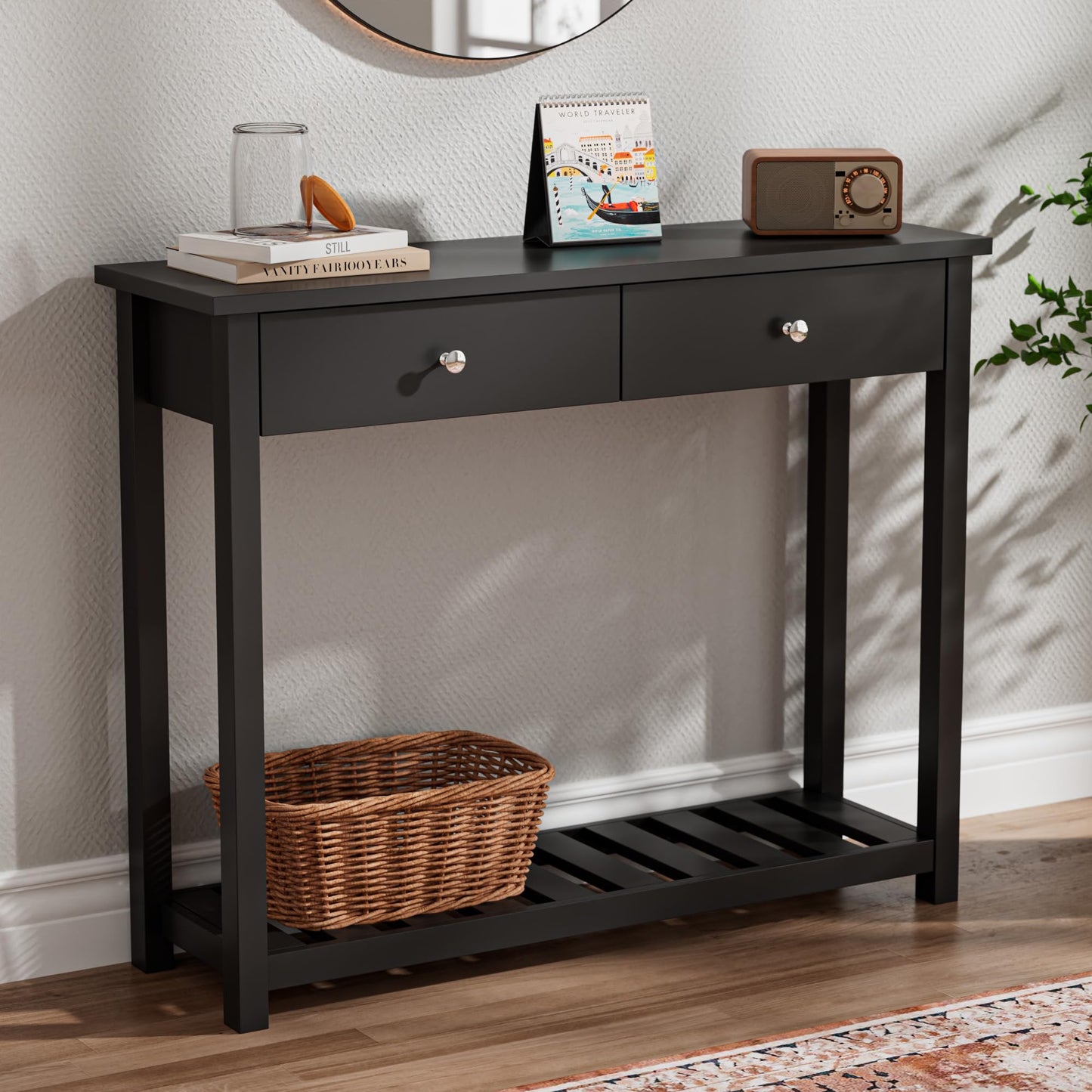 Ludatido Black Console Table with 2 Drawers, Entryway Table with Storage Shelf, 40" Modern Narrow Foyer Sofa Table for Living Room, Entrance, Hallway, Bedroom, Black