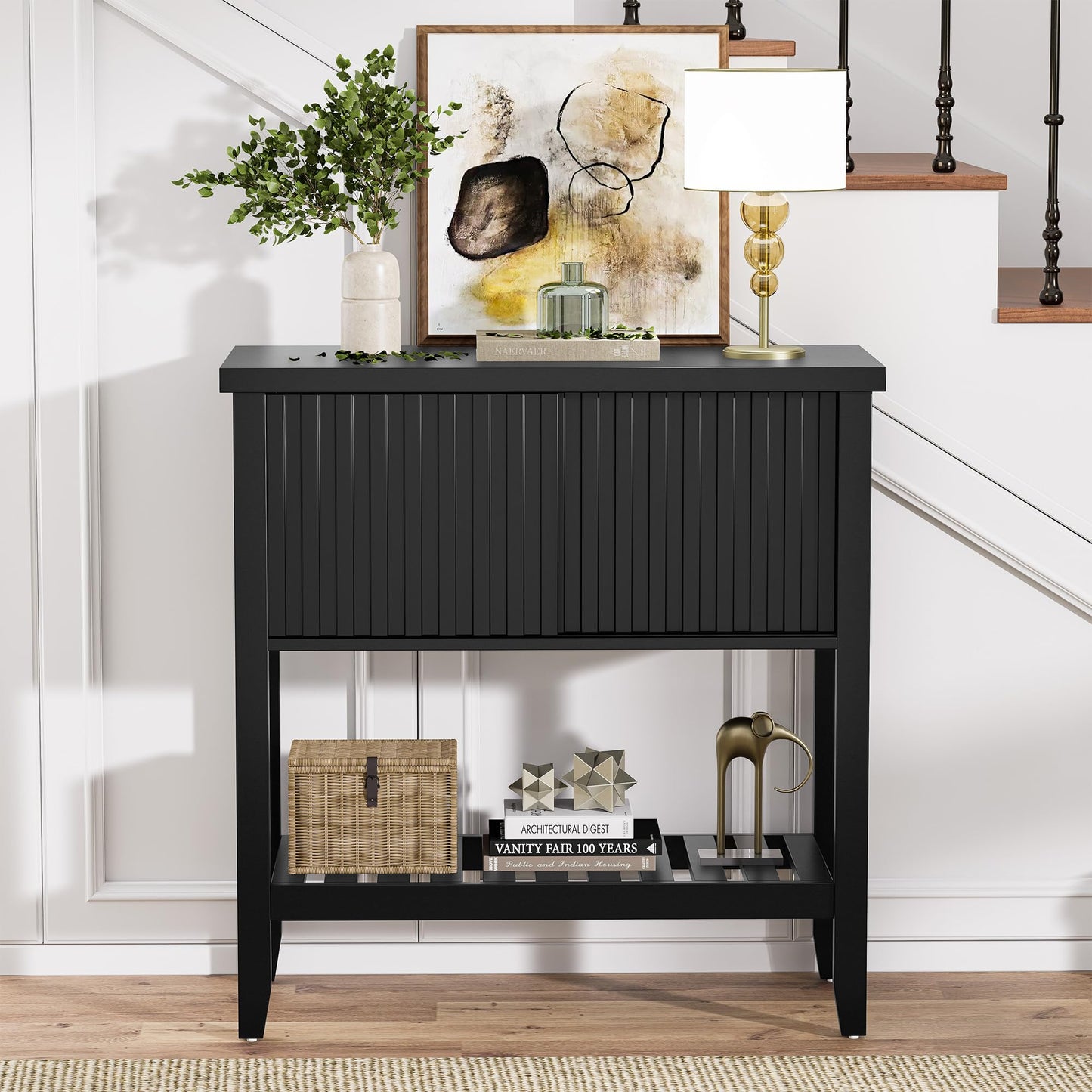 FJTFORME 31.5" Black Entryway Console Table with Sliding Drawer Doors, Narrow 2-Tier Sofa Table with Storage Shelf for Hallway, Living Room, or Office