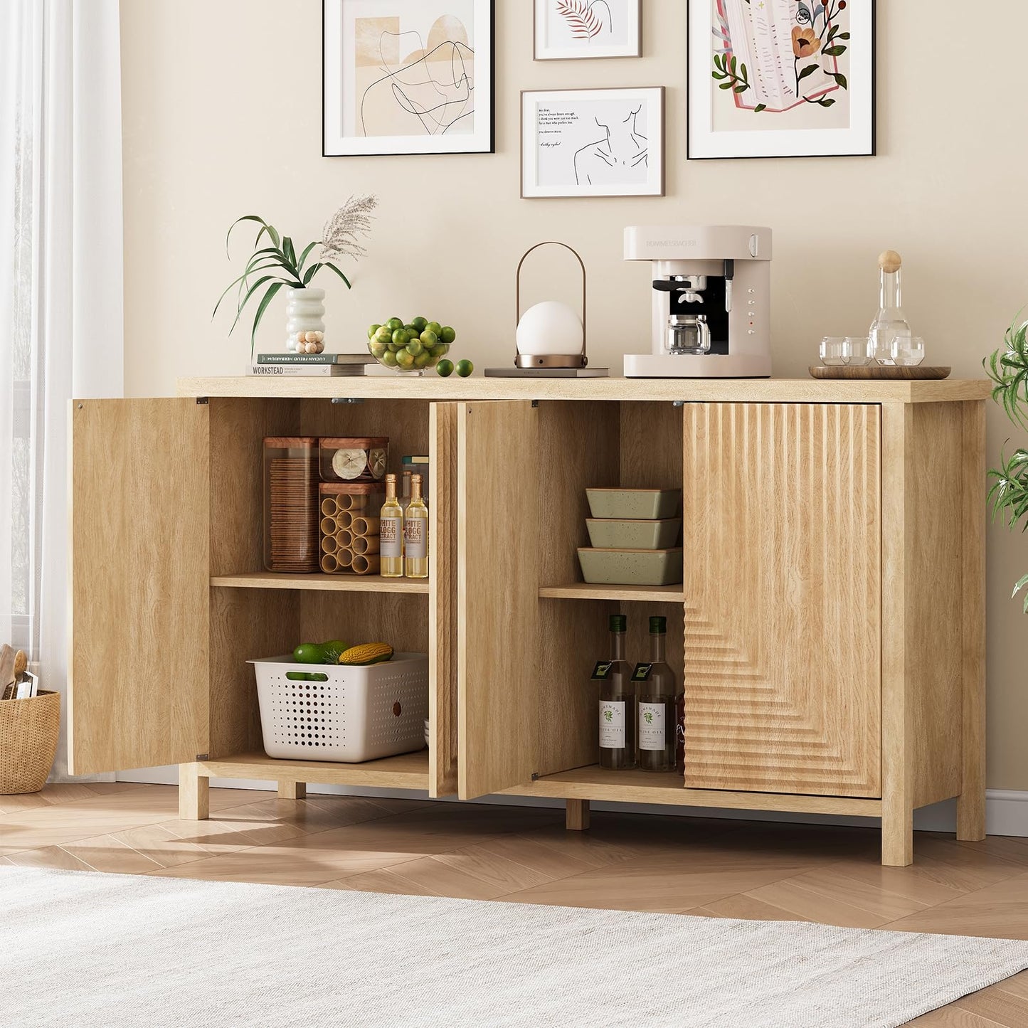 Jocoevol Sideboard Buffet Cabinet, Modern Fluted Kitchen Storage Buffets with 2 Pop-up Doors & Adjustable Shelves, Accent Credenza, Wood Buffet Table for Dining Room, Living Room (Brown)