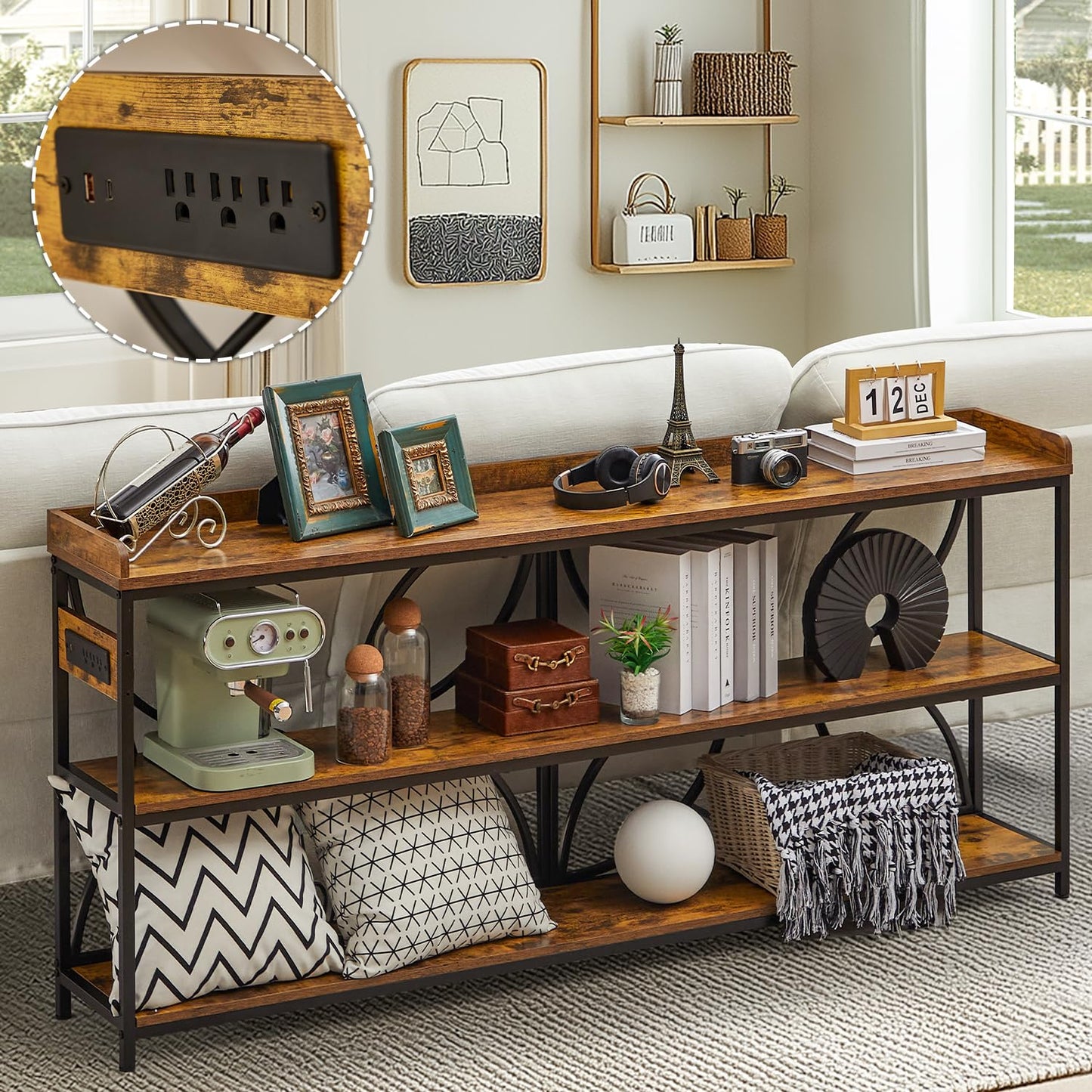 TPHORK 70.9'' Sofa Tables, 3-Tier Console Table with USB Charging Ports & Outlets & Metal Frame, Industrial Storage Shelves for Hallway Living Room Entryway Foyer Behind Couch TV Stands (Rustic)