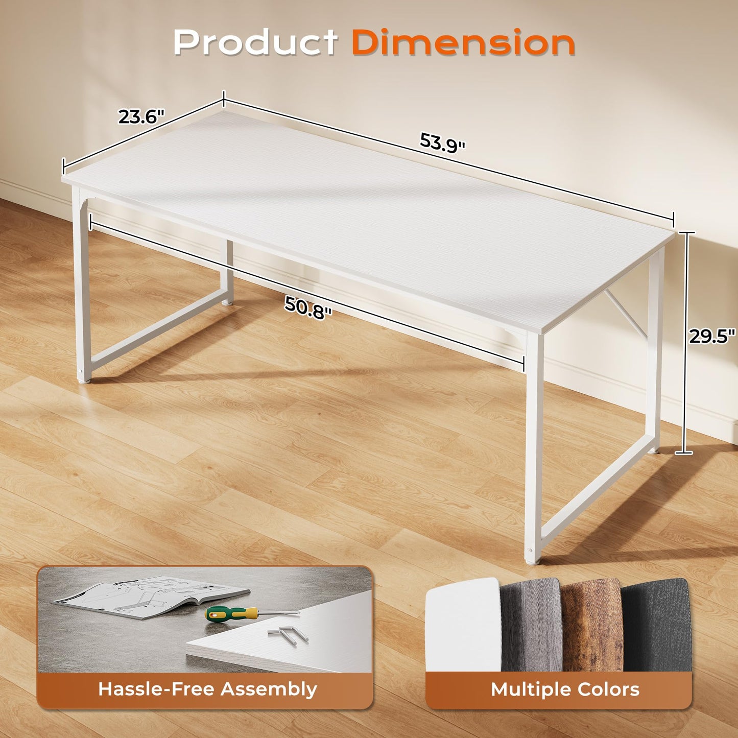 PRAISUN 54 X 24 Inch Computer Desk with Deeper Desktop, Gaming Office Writing Work Desk for Home Office, Study, Bedroom, Work from Home, Metal Frame, White