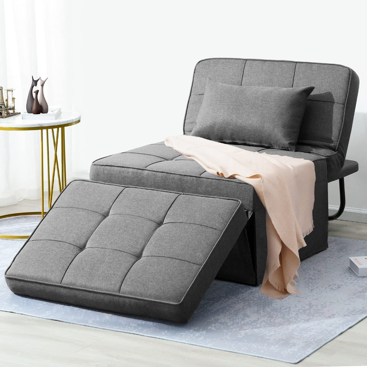 BIGSYY Sofa Bed, 4 in 1 Multi Function Folding Ottoman Sleeper Bed,Modern Convertible Chair Adjustable Backrest Sleeper Couch Bed for Living Room Small Room Apartment, Light Grey