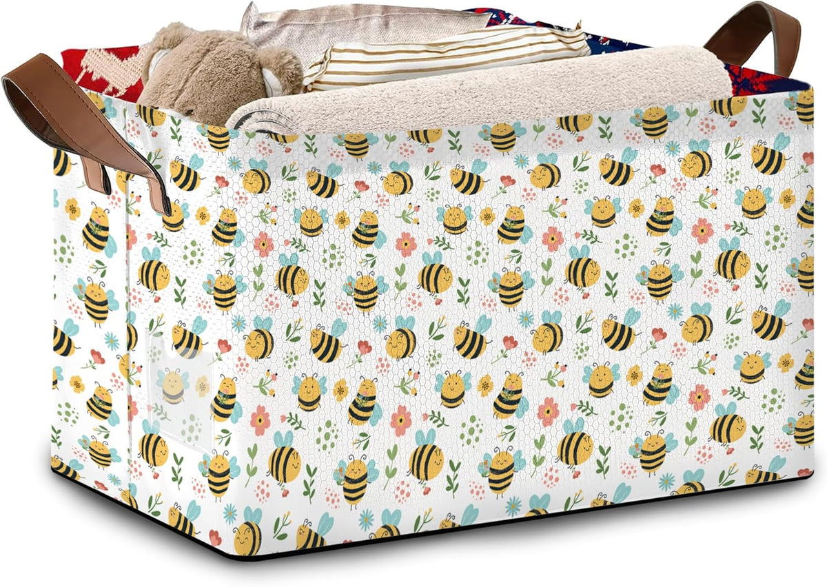 Honeybee Floral Storage Basket Large 17x11.5x10.5 Inche-Collapsible Fabric Organizer Bin with Handles for Garden Decor, Nursery, Spring Theme-Decorative Hamper with Botanical Insect-Single Pack
