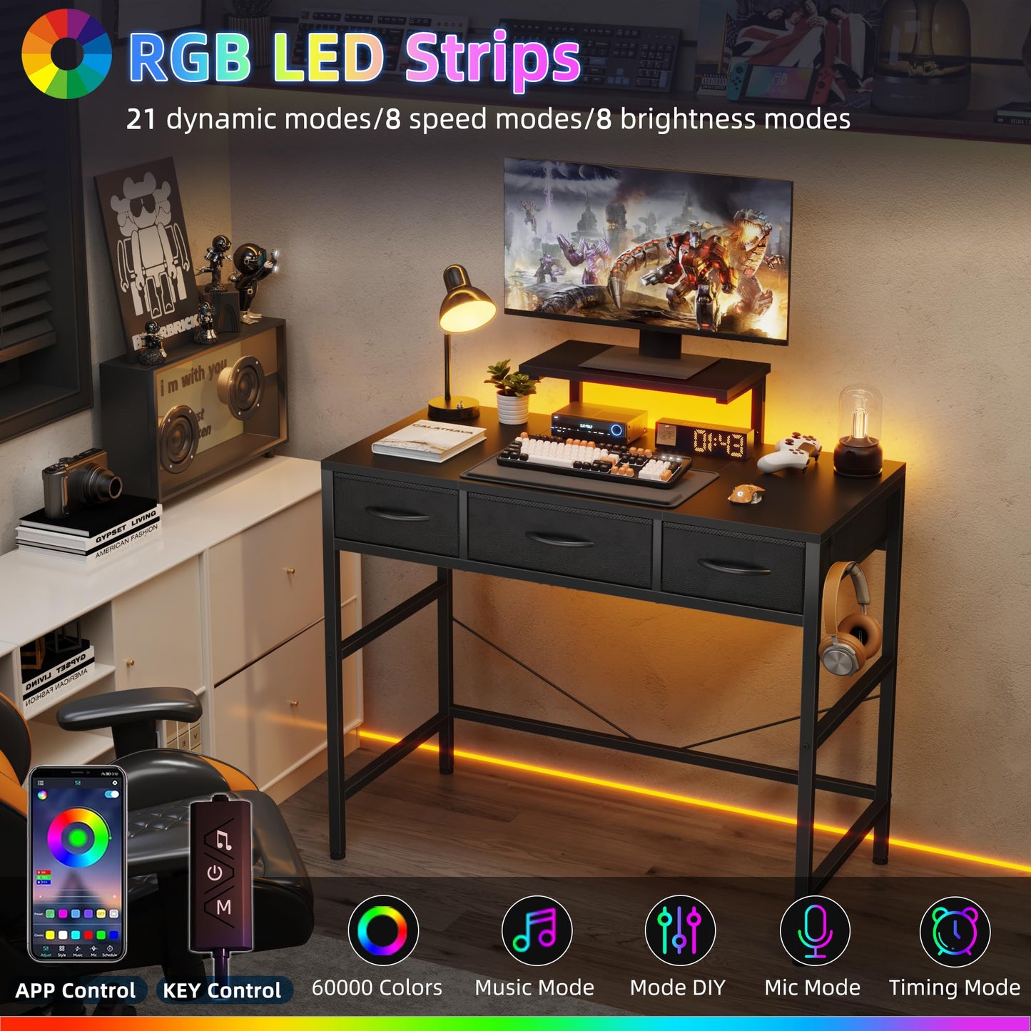 HIGDBFE Small Computer Desk 30 Inch with 3 Fabric Drawers, Office Desk with LED and Monitor Stand, Gaming Desk with Hooks for Small Space, Study Writing Table for Kids Bedroom, Black