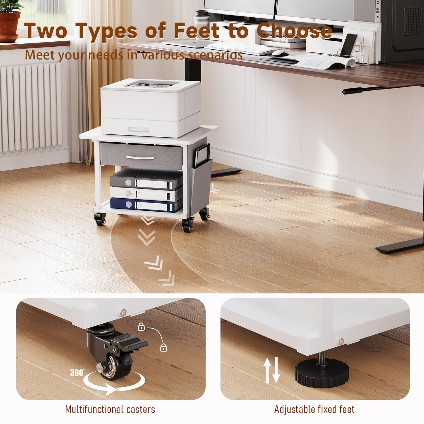 MIXISAV 2 Tier Printer Stand with Storage Drawer - Under Desk Rolling Printer Cart for Home Office, Small Printer Table with Industrial Locking Wheels fit Fax Machine/Scanner (White)