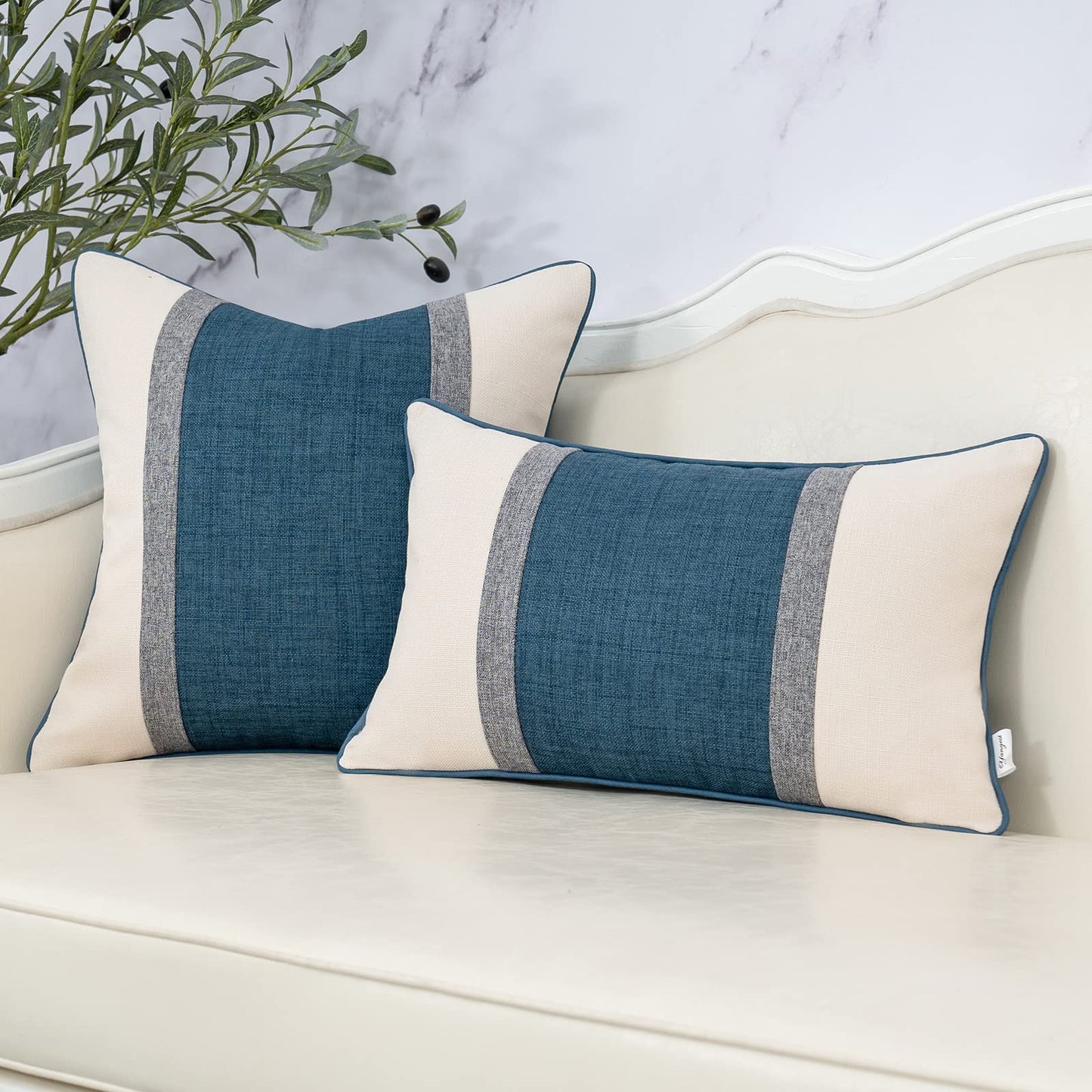 Yangest Patchwork Pillow Cover 18x18 Inch Luxury Cotton and Linen Cushion Cover Square Pillowcover for Couch Bedroom Living Room, Blue