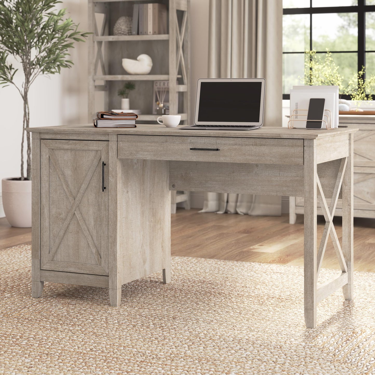 Bush Furniture Key West Computer Desk Farmhouse PC Table for Home Office, 54W w/Storage, Washed Gray
