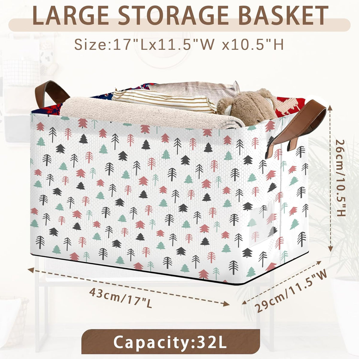 Foldable Collapsible Storage Bin with Pine Tree Design-17x11.5x10.5 Inch Organizer Basket for Home, Closet, Nursery-Single Pack, No Lid Space-Saving Storage Box