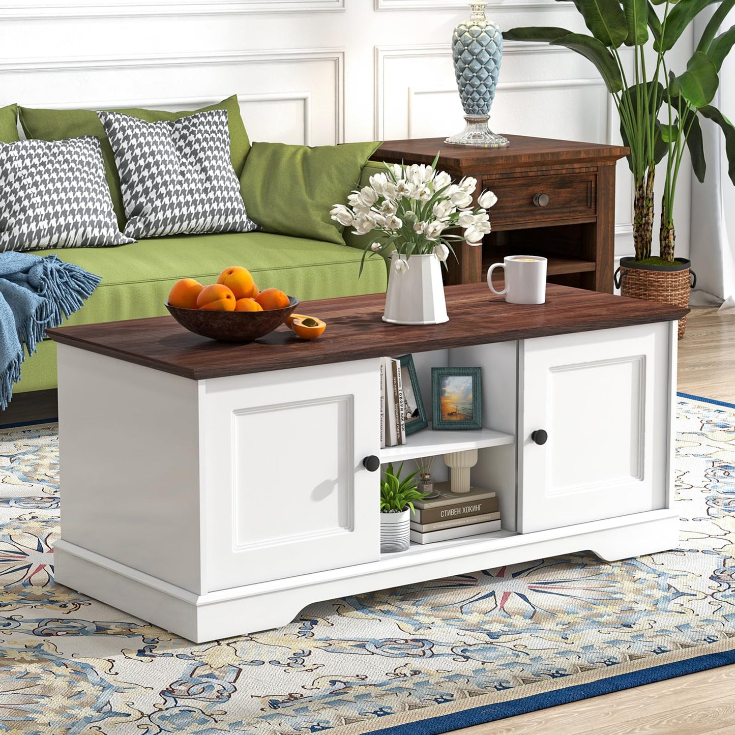 Patiorama 48'' Front-and-Back Symmetrical Farmhouse Coffee Table w/Storage & 4 Sliding Barn Doors, Wood Rustic Center Table w/Adjustable Shelves,Mid Century Mordern Coffee Table for Living Room,White