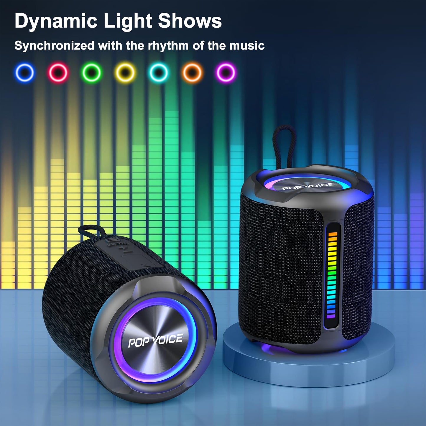 PoP voice Portable Wireless Bluetooth Speaker,40W(50W) Peak Stereo Sound Shower Speaker,IPX7 Waterproof Speaker with Deep Bass,RGB Light,Preset EQ,TWS,for Home/Camping/Gifts, BT5.3 Speaker,Up to 24H