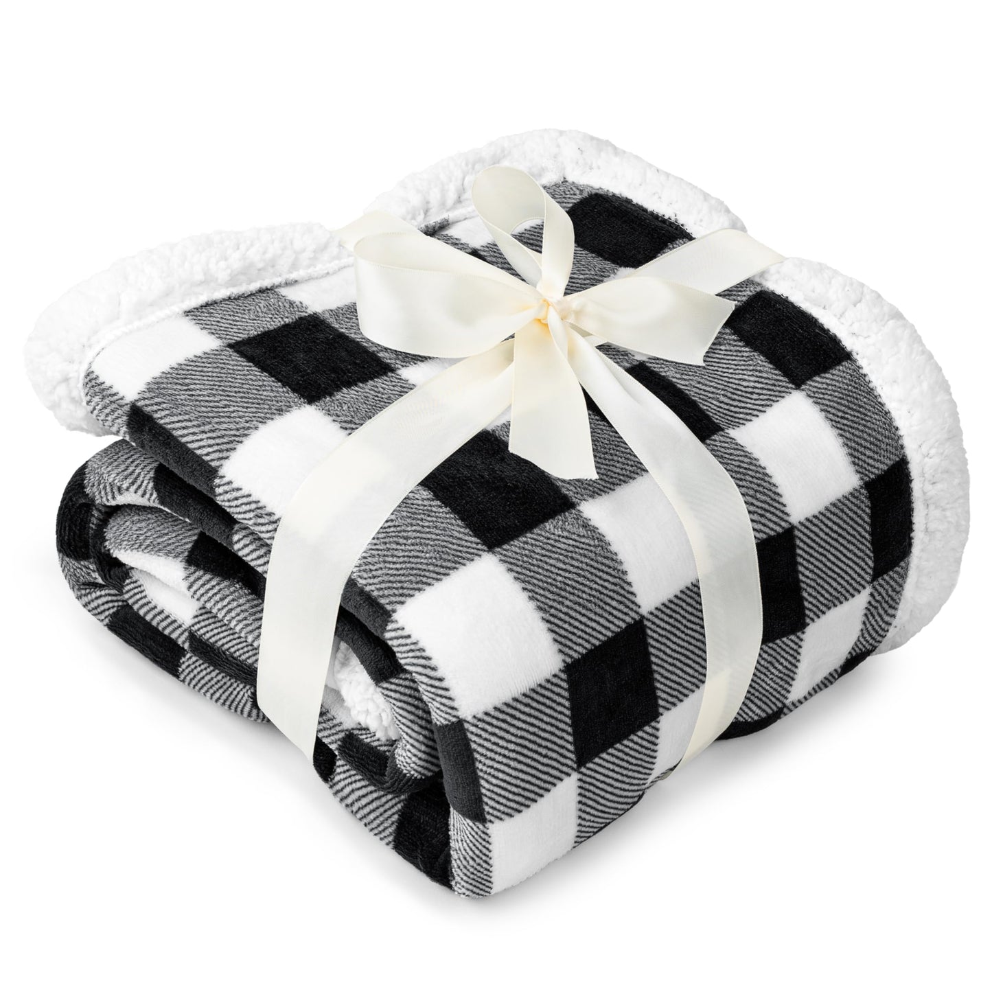 PAVILIA Black and White Buffalo Plaid Sherpa Throw Blanket for Couch, Plush Checkered Fleece Blanket and Throws, Soft Fuzzy Flannel Blanket for Sofa Bed, Warm Cozy Winter Blanket Gift, 50x60