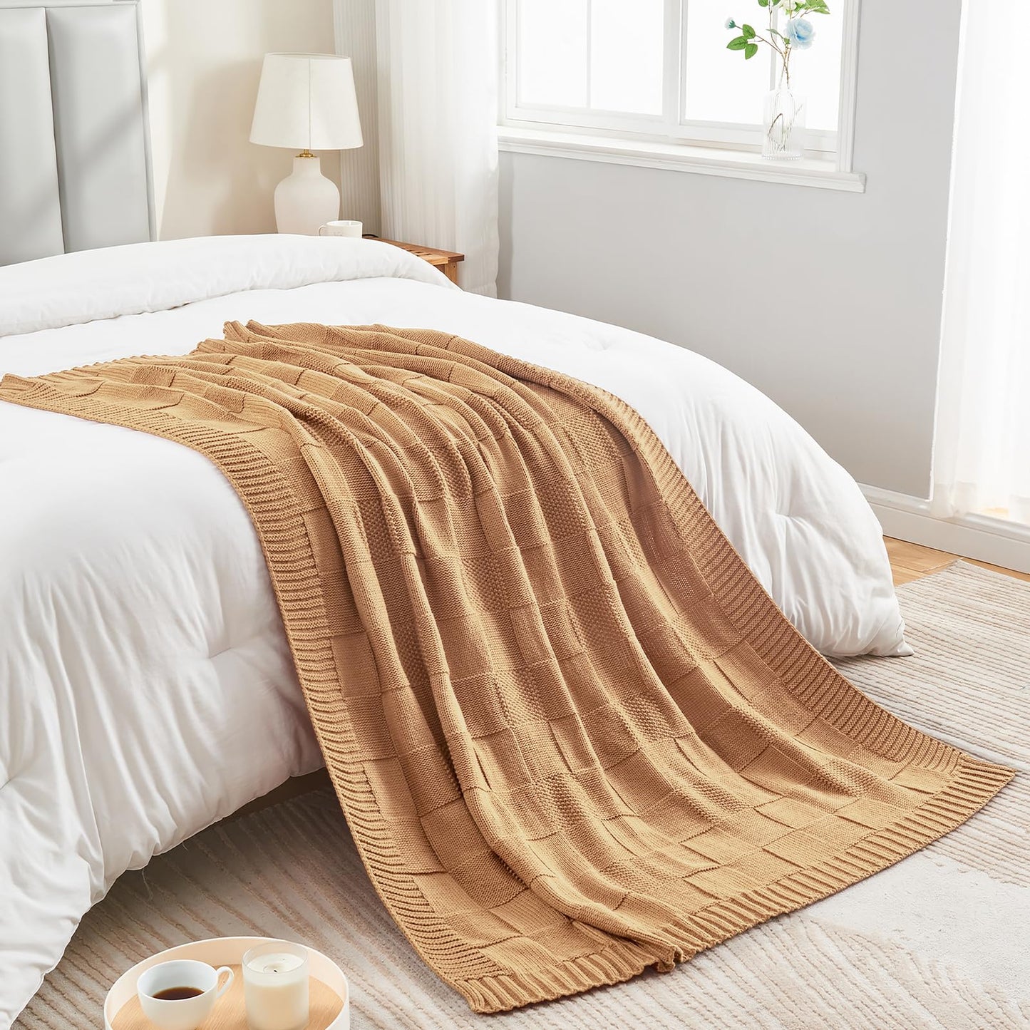 CozeCube Check Knit Throw Blanket, Beige Checkered Throw for Couch, Decorative Christmas Soft Cozy Warm Knitted Blanket for Bed Sofa Living Room, 50"X60"